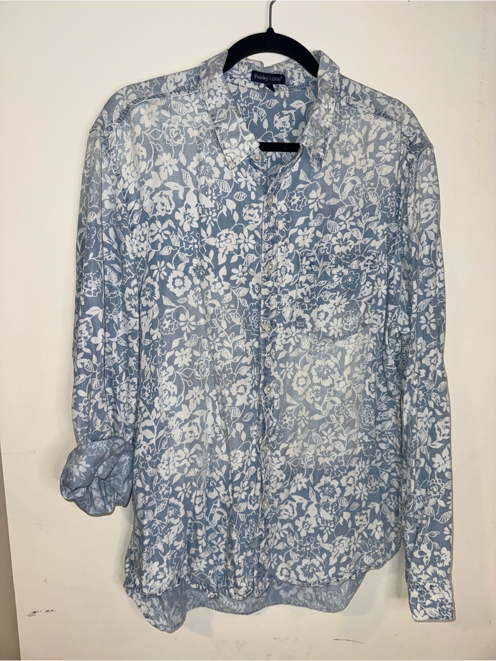 Paisley & Gray Men’s L Washed Blue Floral Button Down Shirt Premium Soft Touch